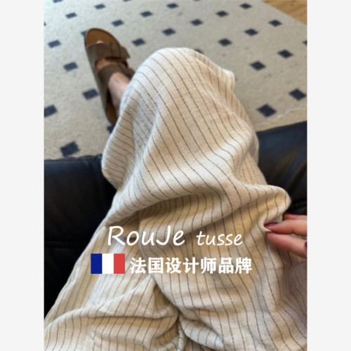 Rouje tusse棉麻褲子慵懶松弛感休閒褲女夏亞麻濶腿褲條紋山本褲