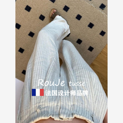 Rouje tusse棉麻褲子慵懶松弛感休閒褲女夏亞麻濶腿褲條紋山本褲