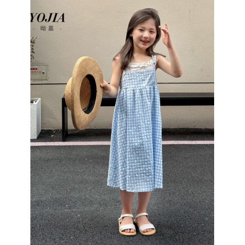女童連衣裙夏季2025新款洋氣海邊度假小女孩假兩件吊帶裙兒童裙子