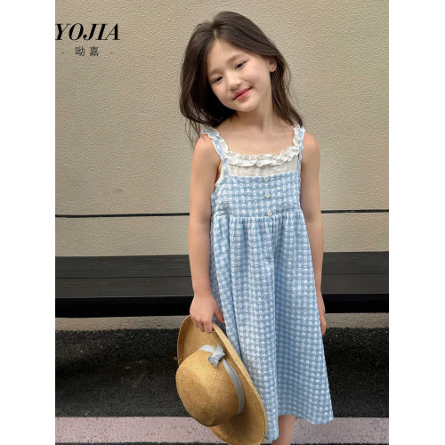 女童連衣裙夏季2025新款洋氣海邊度假小女孩假兩件吊帶裙兒童裙子