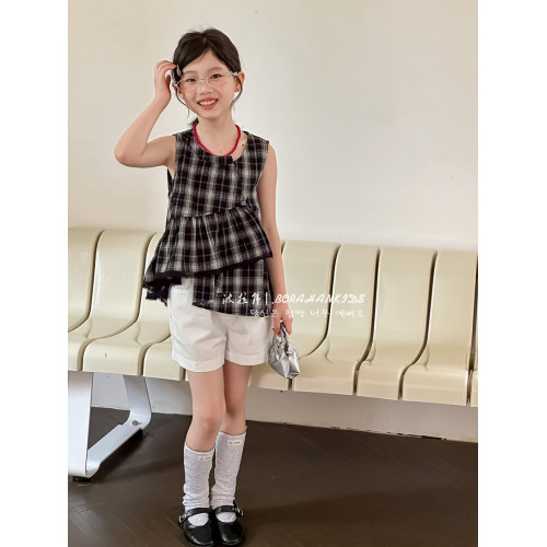 波拉韓女童無袖背心夏季兒童格子上衣2025新款小女孩襯衣韓系襯衫