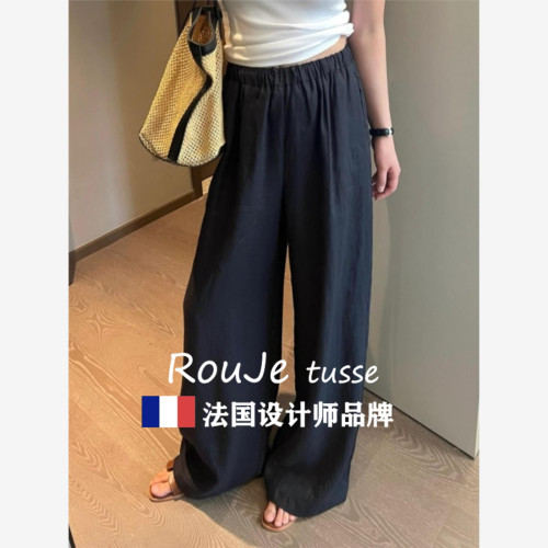 Rouje tusse褲子女垂感直筒梧桐褲夏亞麻棉麻濶腿褲藏青色山本褲