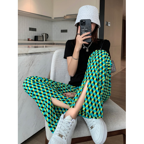 隅見丨超薄菱形格子開叉休閒褲女垂感濶腿褲夏季寬松拖地褲直筒褲