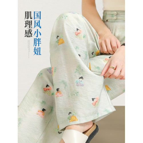 高級國風盤釦冰絲濶腿褲女夏薄款新中式獨特小胖妞印花直筒休閒褲