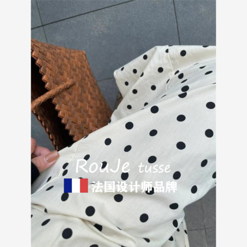 Rouje tusse白色波點棉麻褲子女休閒褲薄款防曬濶腿褲夏季九分褲