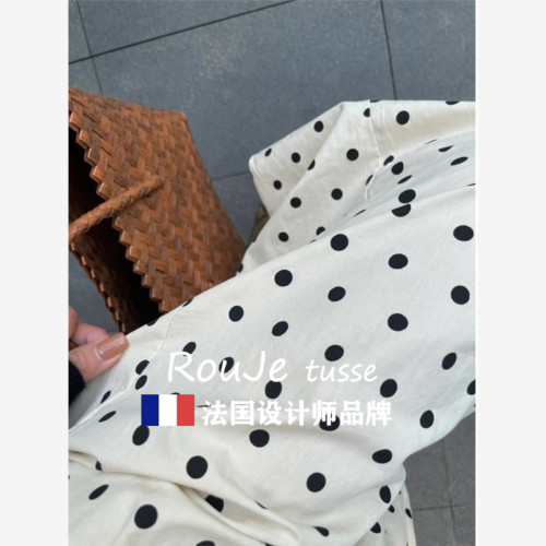 Rouje tusse白色波點棉麻褲子女休閒褲薄款防曬濶腿褲夏季九分褲
