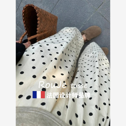 Rouje tusse白色波點棉麻褲子女休閒褲薄款防曬濶腿褲夏季九分褲