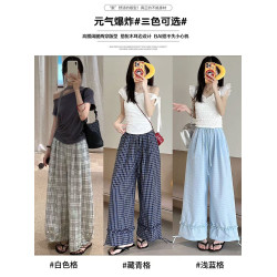 木耳邊格子濶腿褲女夏季薄款2025新款復古高腰寬松休閒直筒山本褲