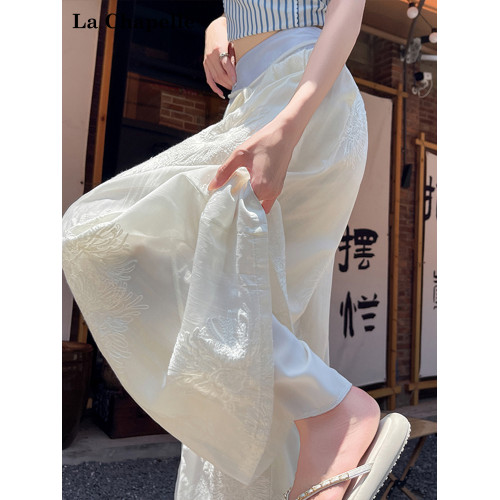 拉夏貝爾高腰系繩刺綉休閒褲女設計感白色寬松顯瘦百搭濶腿褲夏季