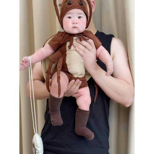 男女嬰小強造型滿月百天拍照服夏嬰童咖色可愛卡通短袖三角包屁衣