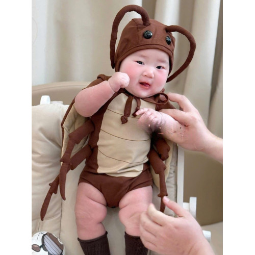 男女嬰小強造型滿月百天拍照服夏嬰童咖色可愛卡通短袖三角包屁衣