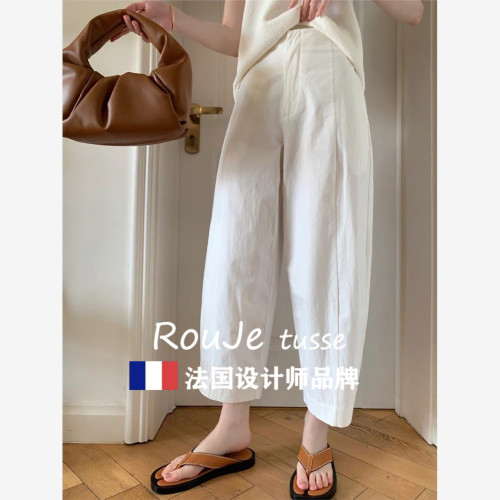 Rouje tusse白色棉麻濶腿褲哈倫褲九分蘿蔔褲女夏亞麻香蕉奶奶褲