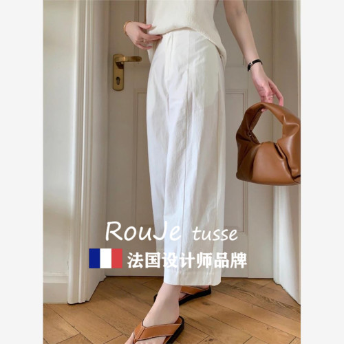 Rouje tusse白色棉麻濶腿褲哈倫褲九分蘿蔔褲女夏亞麻香蕉奶奶褲