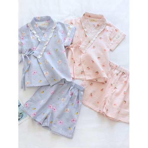 夏薄純棉紗布兒童寶寶女童親子汗蒸服短袖全棉桑拿和服家居服睡衣