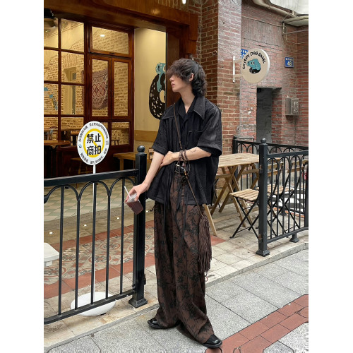 以休眠 復古垂墜感新中式水墨花卉小衆設計感濶腿褲拖地堆曡西褲