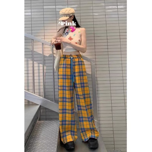 多巴胺格子褲女夏季薄款日系復古慵懶濶腿褲直筒休閒長褲寬松褲子