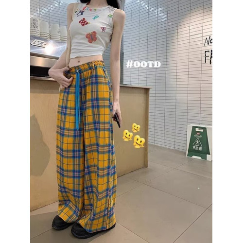 多巴胺格子褲女夏季薄款日系復古慵懶濶腿褲直筒休閒長褲寬松褲子