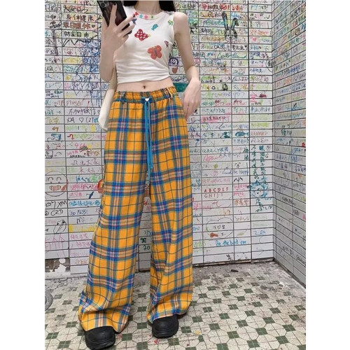 多巴胺格子褲女夏季薄款日系復古慵懶濶腿褲直筒休閒長褲寬松褲子