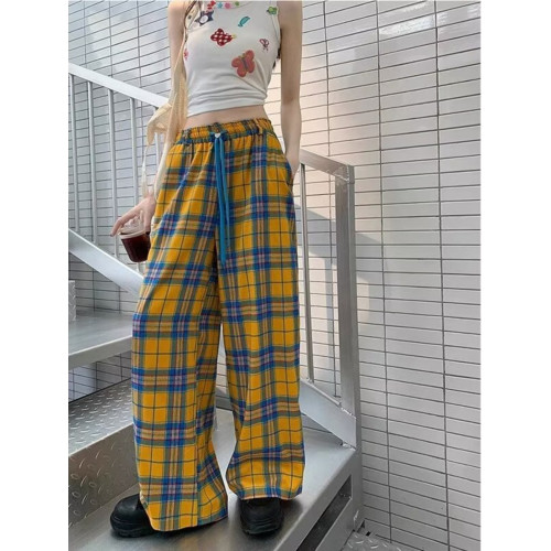 多巴胺格子褲女夏季薄款日系復古慵懶濶腿褲直筒休閒長褲寬松褲子