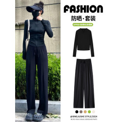 冰絲防曬衣女夏季薄款2025新款防紫外線修身顯瘦速乾濶腿運動套裝