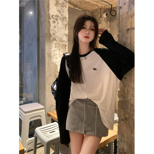 韓版時尚薄款插肩袖字母T恤防曬衣女夏季拼接寬松撞色長袖上衣ins