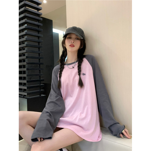 韓版時尚薄款插肩袖字母T恤防曬衣女夏季拼接寬松撞色長袖上衣ins