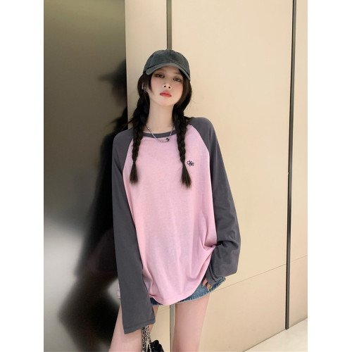 韓版時尚薄款插肩袖字母T恤防曬衣女夏季拼接寬松撞色長袖上衣ins