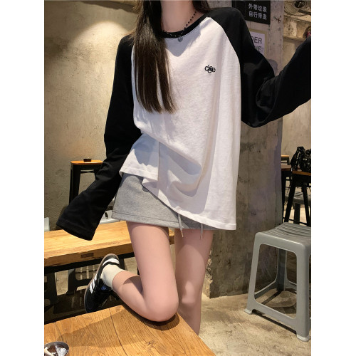 韓版時尚薄款插肩袖字母T恤防曬衣女夏季拼接寬松撞色長袖上衣ins