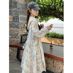 新中式水墨印花防曬衣女中長款2025夏季新款休閒連帽海邊度假外套