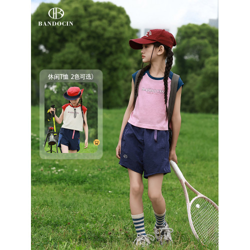 親子女童運動短袖t恤夏季薄款洋氣2025新款兒童夏裝插肩撞色上衣T