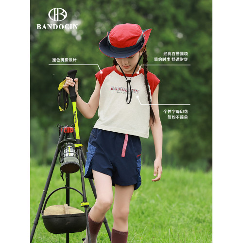 親子女童運動短袖t恤夏季薄款洋氣2025新款兒童夏裝插肩撞色上衣T