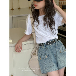 韓國女童夏裝短袖T恤2025新款兒童純色上衣女大童洋氣休閒打底薄t