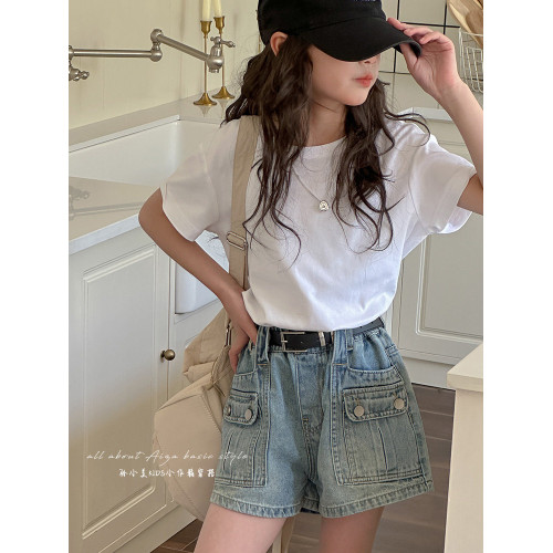 韓國女童夏裝短袖T恤2025新款兒童純色上衣女大童洋氣休閒打底薄t