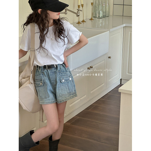 韓國女童夏裝短袖T恤2025新款兒童純色上衣女大童洋氣休閒打底薄t