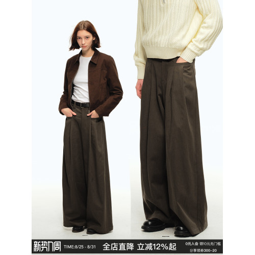CountryMoment 美式復古壓褶設計感廓形濶腿褲男女垂感拖地休閒褲