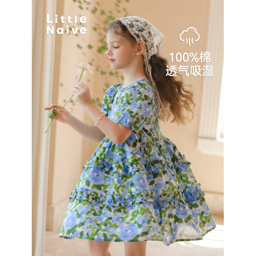 LittleNaive童裝 夏季女童法式連衣裙度假風中大童裙子兒童連衣裙
