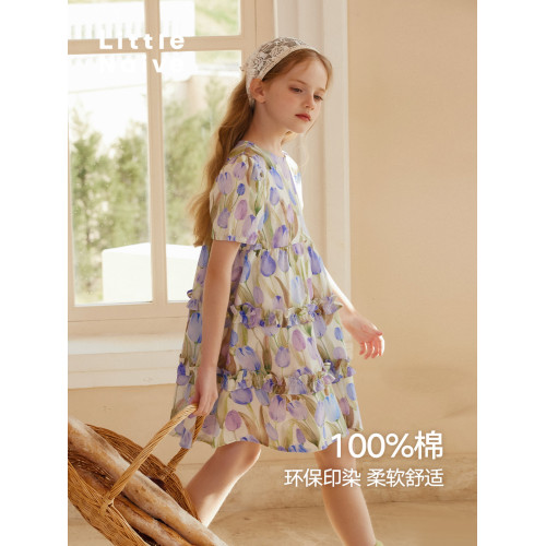 LittleNaive童裝 夏季女童法式連衣裙度假風中大童裙子兒童連衣裙