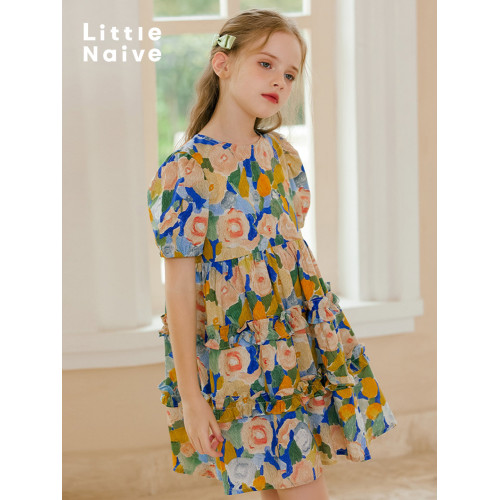 LittleNaive童裝 夏季女童法式連衣裙度假風中大童裙子兒童連衣裙