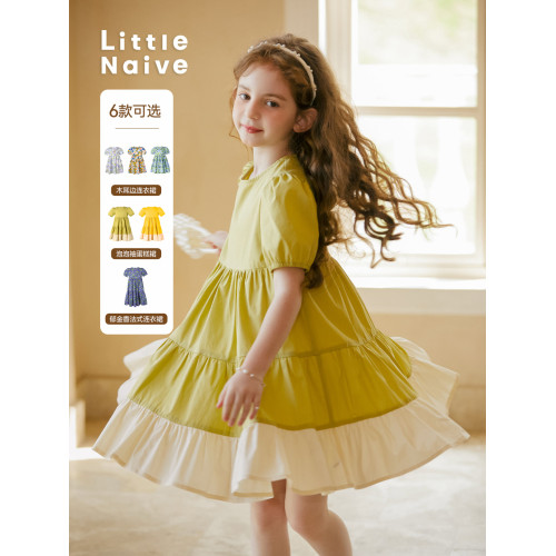 LittleNaive童裝 夏季女童法式連衣裙度假風中大童裙子兒童連衣裙