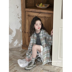 波拉韓童裝女童格子襯衫2025秋裝新款兒童薄款外套小女孩防曬衣
