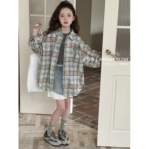 波拉韓童裝女童格子襯衫2025秋裝新款兒童薄款外套小女孩防曬衣
