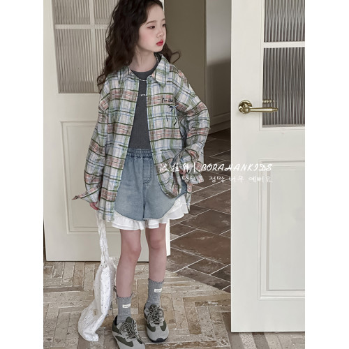 波拉韓童裝女童格子襯衫2025秋裝新款兒童薄款外套小女孩防曬衣