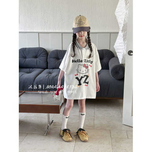 波拉韓童裝女童洋氣Polo衫2025夏裝女孩卡通短袖T恤兒童寬松上衣