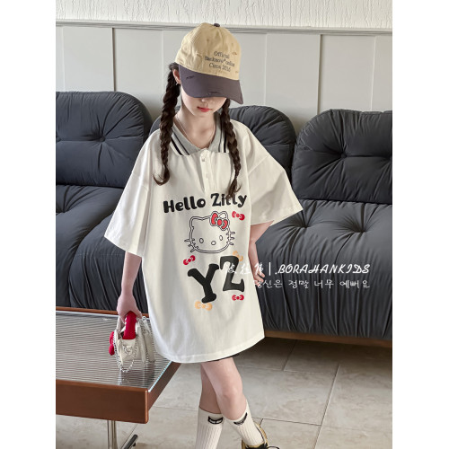 波拉韓童裝女童洋氣Polo衫2025夏裝女孩卡通短袖T恤兒童寬松上衣