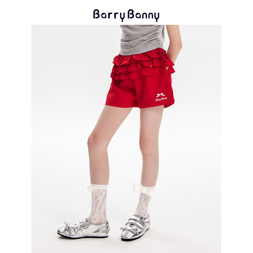 BarryBanny女童花苞短褲2025夏季新款中大童紅色中腰修身顯瘦褲子