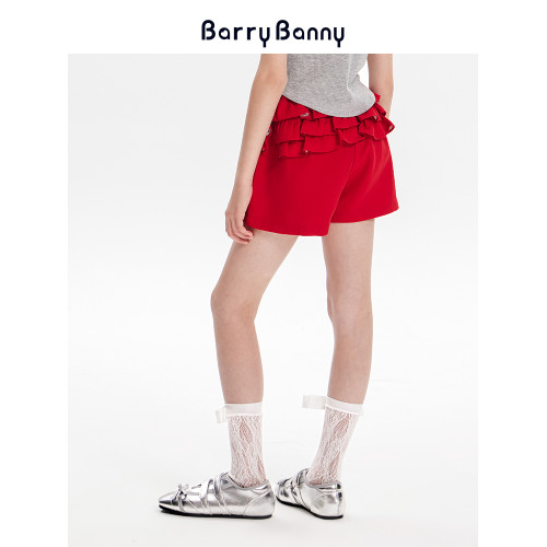 BarryBanny女童花苞短褲2025夏季新款中大童紅色中腰修身顯瘦褲子