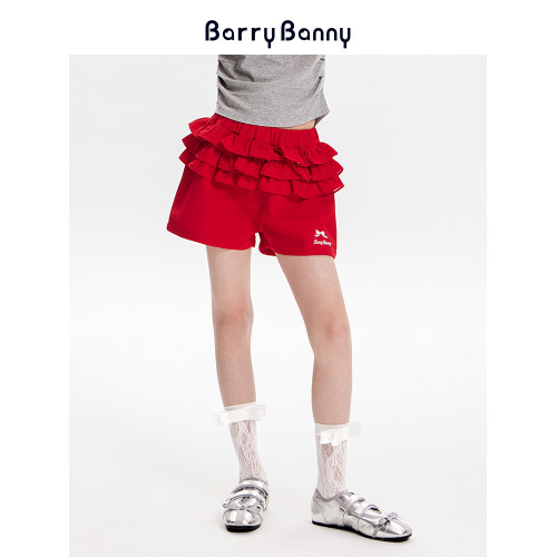 BarryBanny女童花苞短褲2025夏季新款中大童紅色中腰修身顯瘦褲子