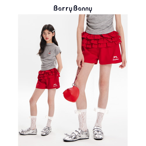 BarryBanny女童花苞短褲2025夏季新款中大童紅色中腰修身顯瘦褲子