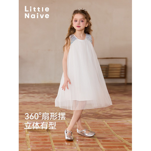 Little Naive女童網紗連衣裙夏季新款掛脖珠片紗裙兒童公主禮服裙