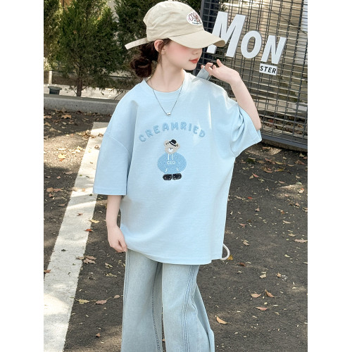 女童短袖T恤夏季純棉2025新款兒童女孩中大童洋氣上衣半袖薄套裝